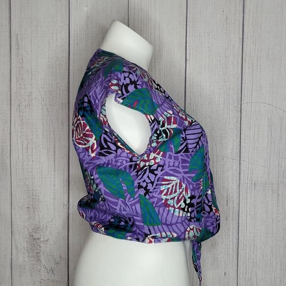 Vintage 90s Jaclyn Smith Boxy Fit Tropical Print Tie Front Blouse, size 10 - Picture 2 of 6